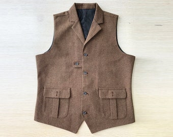 Wedding Vest for Groomsmen Brown Herringbone Waistcoat with 2 Pockets