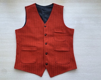 Red Men's Vest Wedding Waistcoat Herringbone Tweed V-neck 3 Pockets 5 Buttons