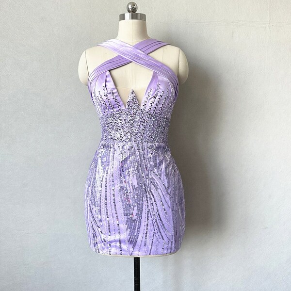 Lilac Sequin Homecoming Dress Short Party Dress    fg7588