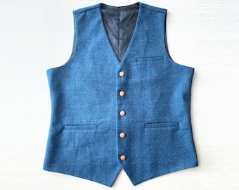 Blue Plaid Men's Vest for Wedding Waistcoat Formal Herringbone Tweed V-neck 3 Pockets 5 Buttons