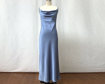 Cowl Neck Dusty Blue Real Silk Midi Dress Made to Order