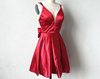 Red Satin Homecoming Dress with Bow