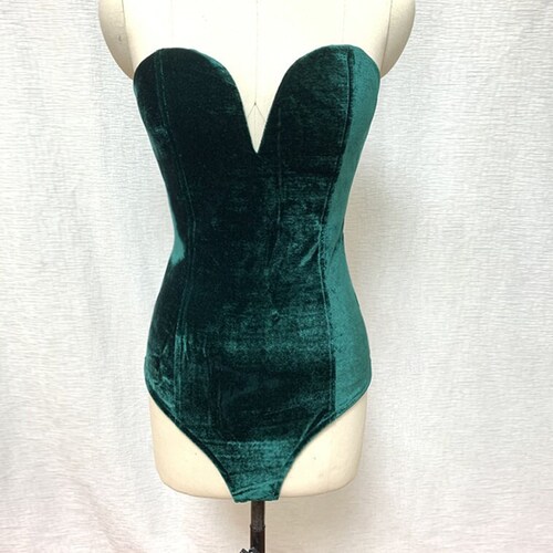 Emerald Green Velvet Bodysuit Halloween Leotard Corset Back Christmas New Year with Snap Crotch