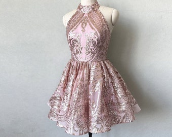 Rose Gold Pattern Sequin Homecoming Dress Horsehair Hem