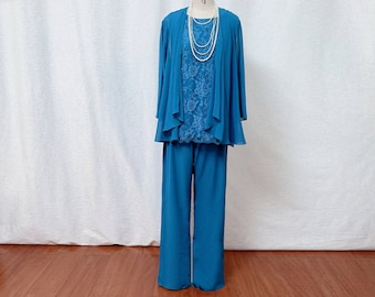 Mother of the Bride Dress with Sleeves 3 Pieces Teal Blue Chiffon Jacket Cape + Lace Tanks + Pants