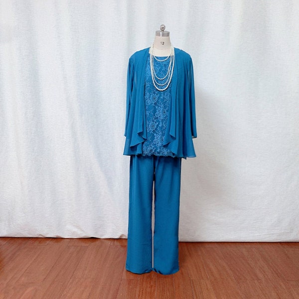 Mother of the Bride Dress with Sleeves 3 Pieces Teal Blue Chiffon Jacket Cape + Lace Tanks + Pants