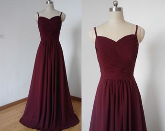 A-line Spaghetti Straps Burgundy Pleated Chiffon Long Bridesmaid Dress