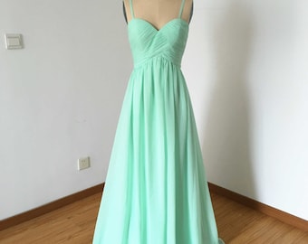 Spaghetti Straps Sweetheart Mint Chiffon Long Bridesmaid Dress