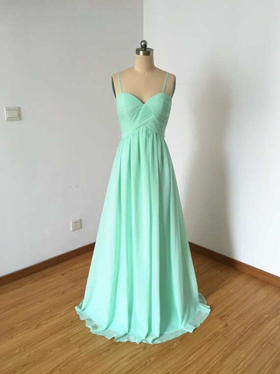 Spaghetti Straps Sweetheart Mint Chiffon Long Bridesmaid Dress