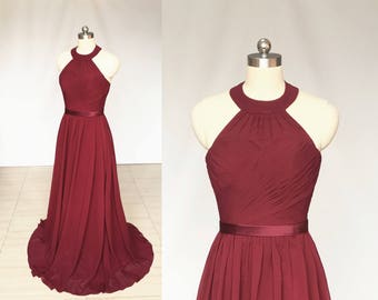 A-line Halter Burgundy Chiffon Long Bridesmaid Dress