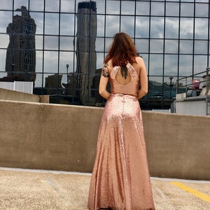 Two Piece Rose Gold Sequin Long Prom Dress image 4