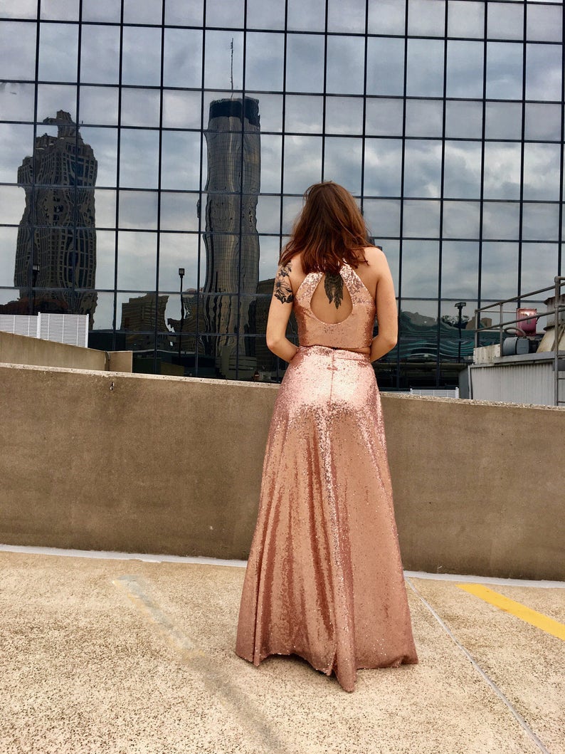 Two Piece Rose Gold Sequin Long Prom Dress image 4