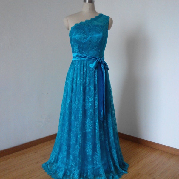 One-Shoulder Teal Lace Long Bridesmaid Dress with Teal Sash