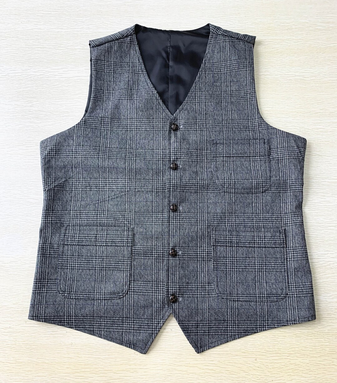 Black Mens Vest Wedding Waistcoat Checkered V-neck 3 Pockets 5