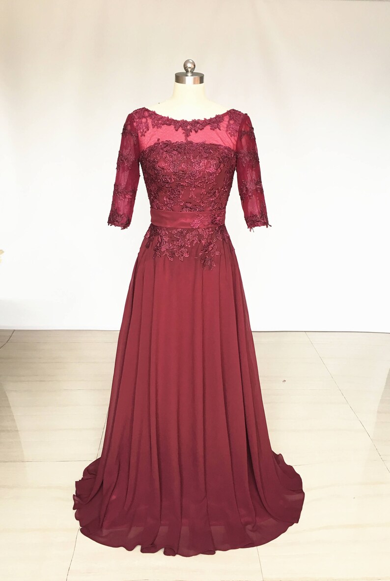 Scoop Burgundy Lace Chiffon Long Bridesmaid Dress with Half Sleeves