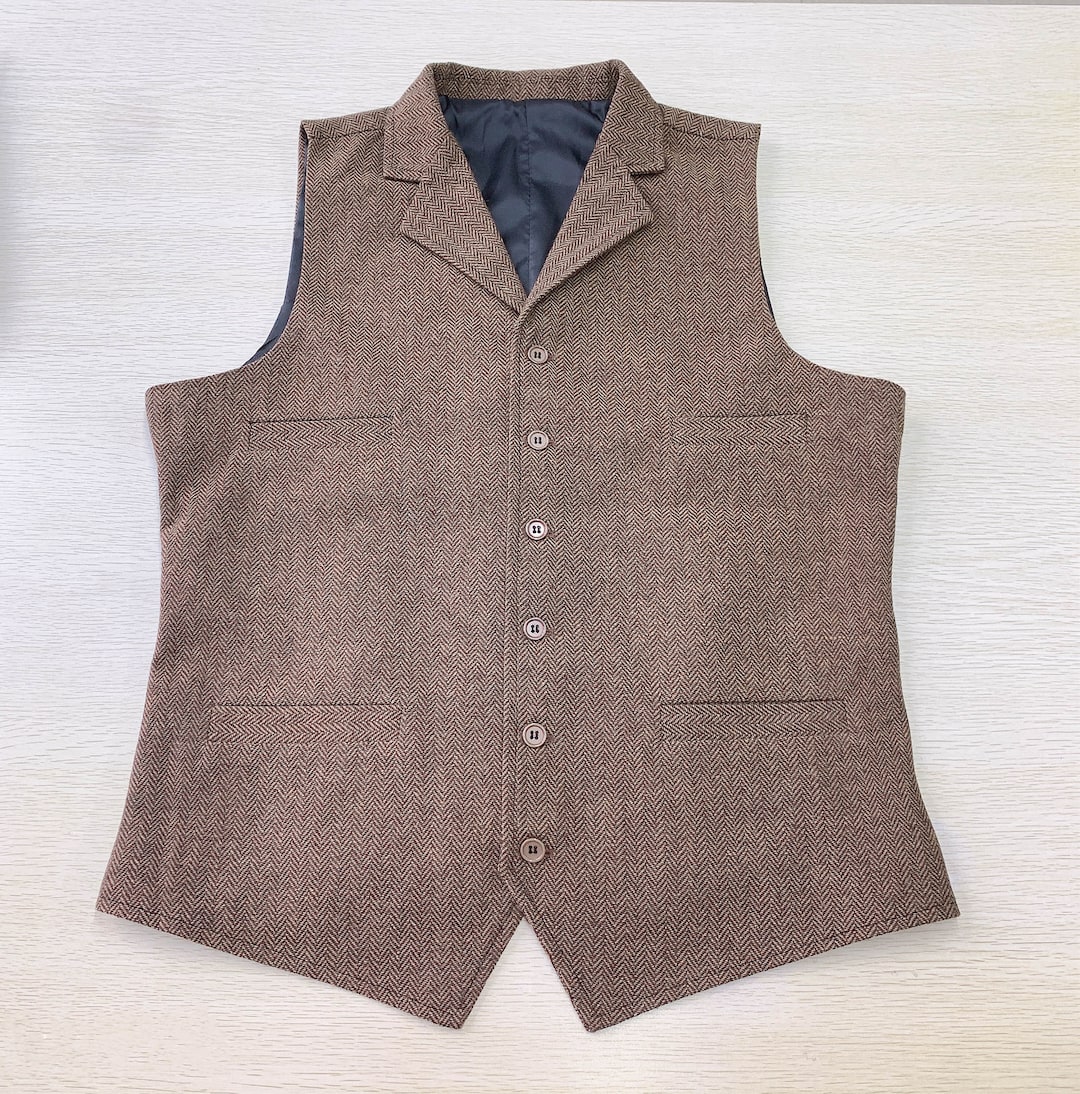 Brown Men's Vest With Lapels Wedding Waistcoat Herringbone Etsy