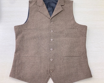 Brown Men's Vest with Lapels Wedding Waistcoat Herringbone Tweed 4 Pockets 6 Buttons