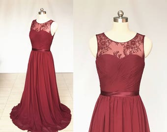 Scoop Sweetheart Burgundy Lace Chiffon Long Bridesmaid Dress