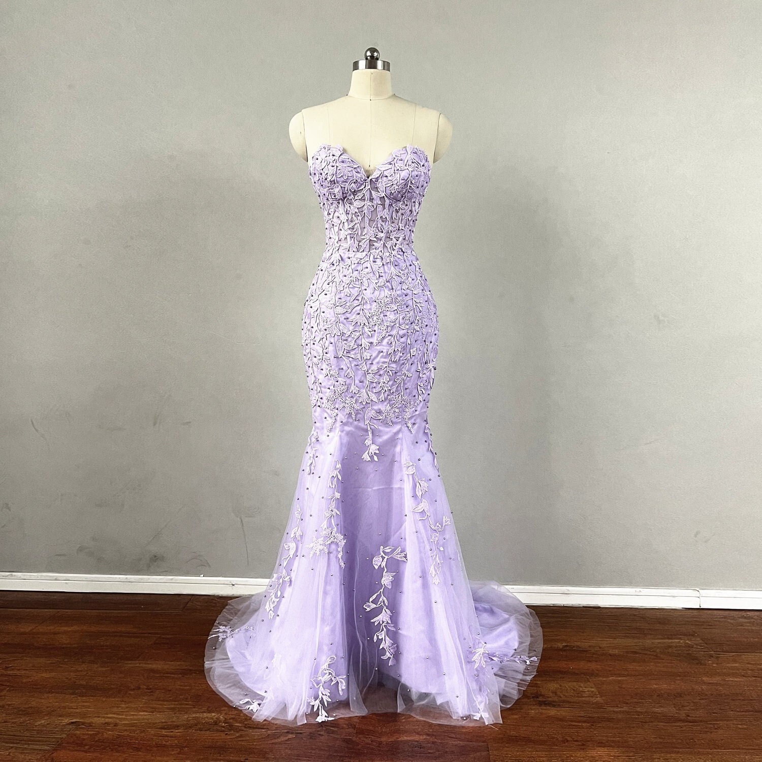 Strapless Purple Lace Prom Dress with Corset Back, Purple Tulle