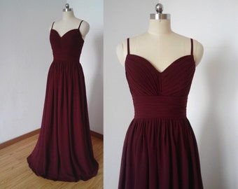 Spaghetti Straps Burgundy Chiffon Long Bridesmaid Dress