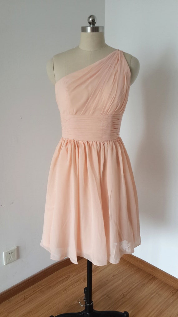 One Shoulder Light Peach Chiffon Short Bridesmaid Dress Etsy