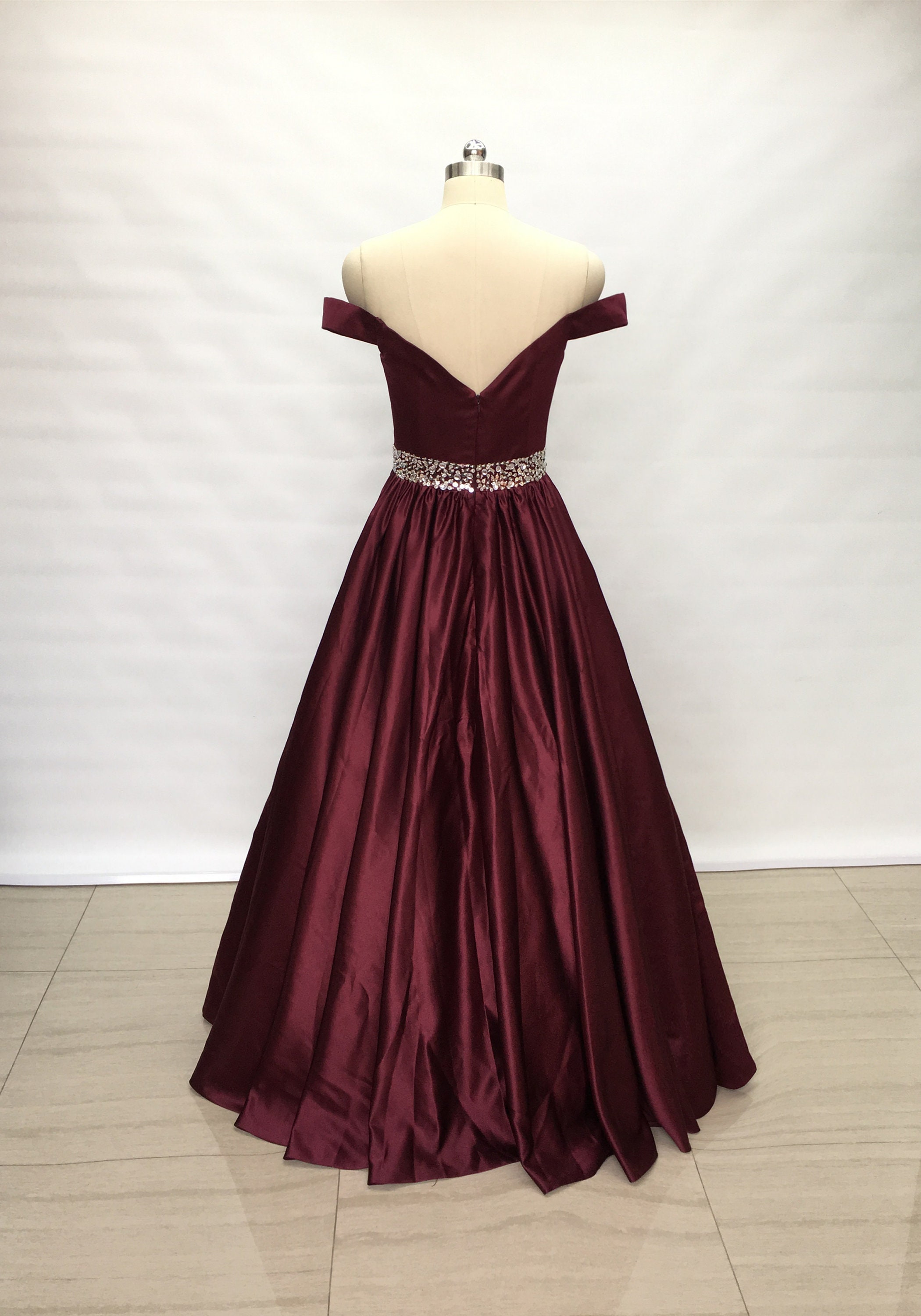 Off Shoulder Burgundy Satin Long Prom Dress - Etsy