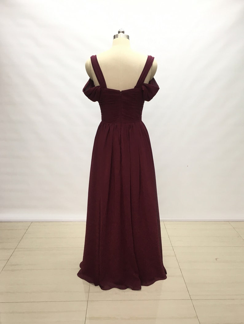 Wide Straps Burgundy Chiffon Long Bridesmaid Dress image 2