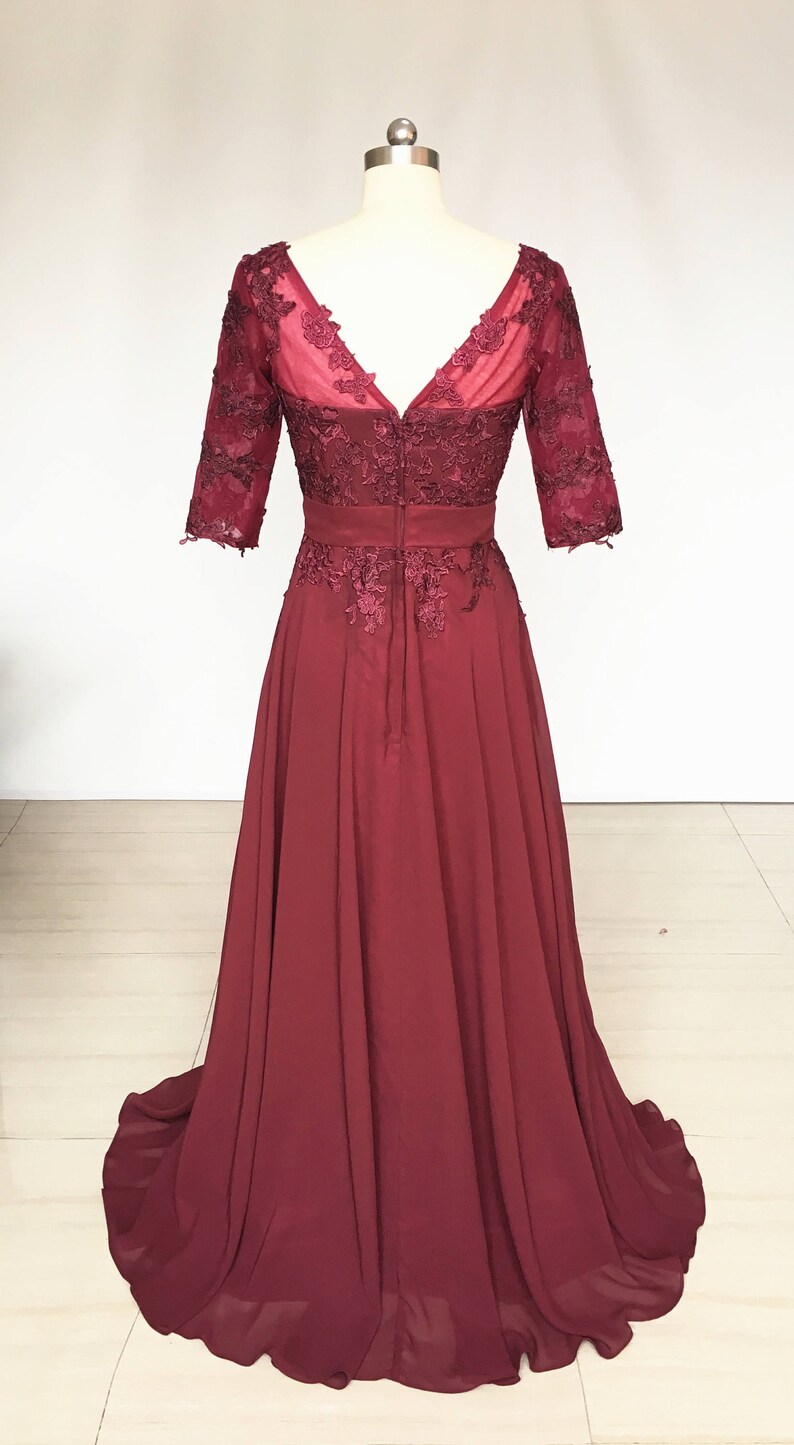 Scoop Burgundy Lace Chiffon Long Bridesmaid Dress with Half Sleeves