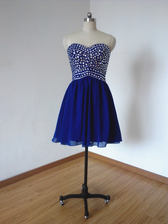 Cheap Beaded Sweetheart Royal Blue Chiffon Short Homecoming Dress