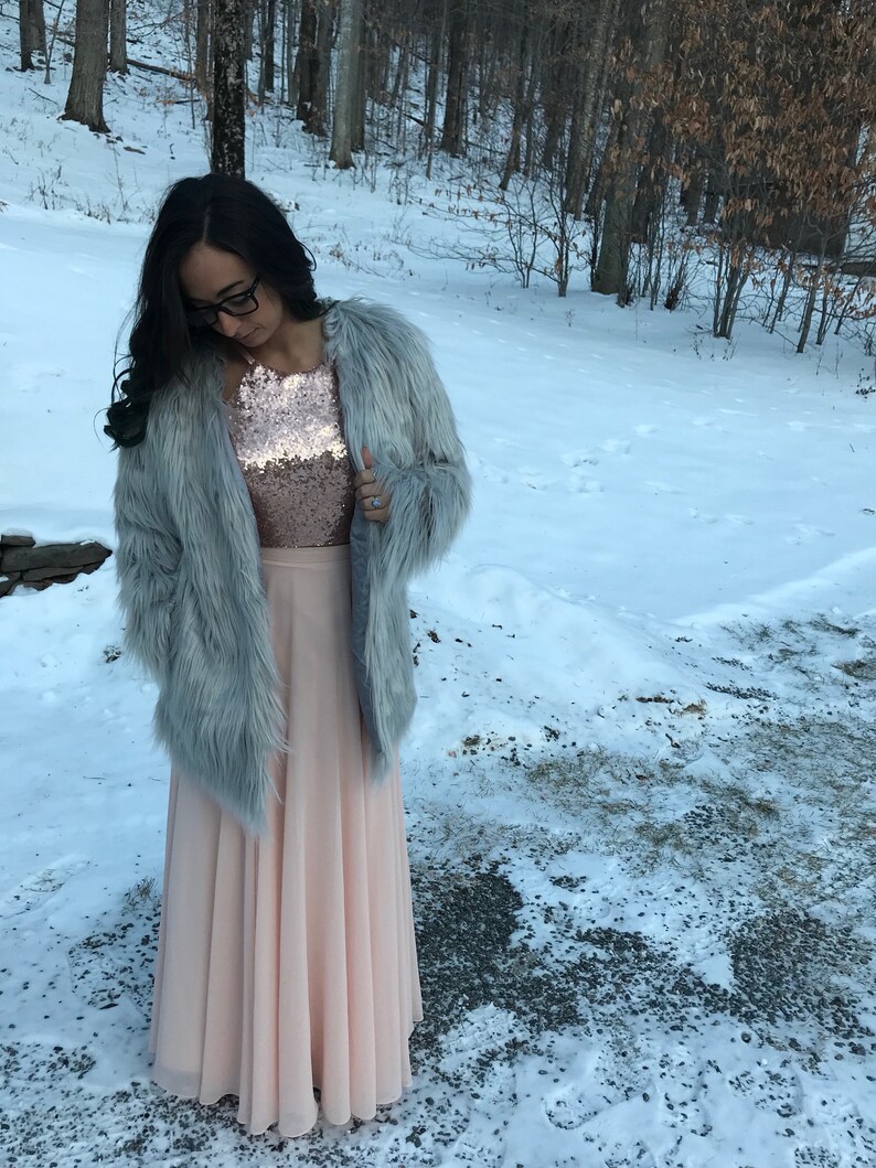 Two Piece Rose Gold Sequin Long Prom Dress image 6