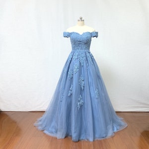 Ball Gown Dusty Blue Lace Tulle Long Prom Dress Wedding Dress