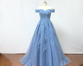 Ball Gown Dusty Blue Lace Tulle Long Prom Dress Wedding Dress