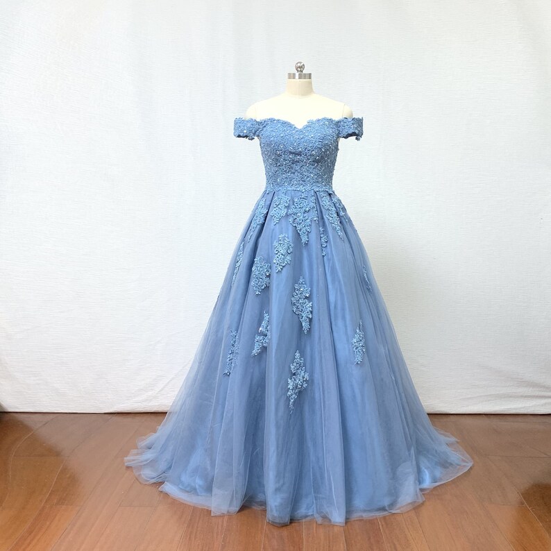 Ball Gown Dusty Blue Lace Tulle Long Prom Dress Wedding Dress 