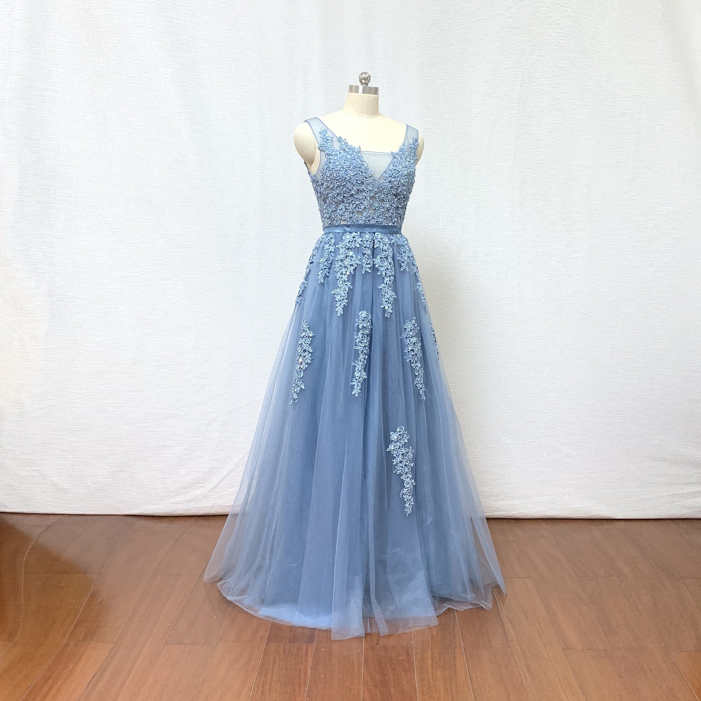 Dusty Blue Lace Tulle Long Prom Dress Bridesmaid Dress | Etsy