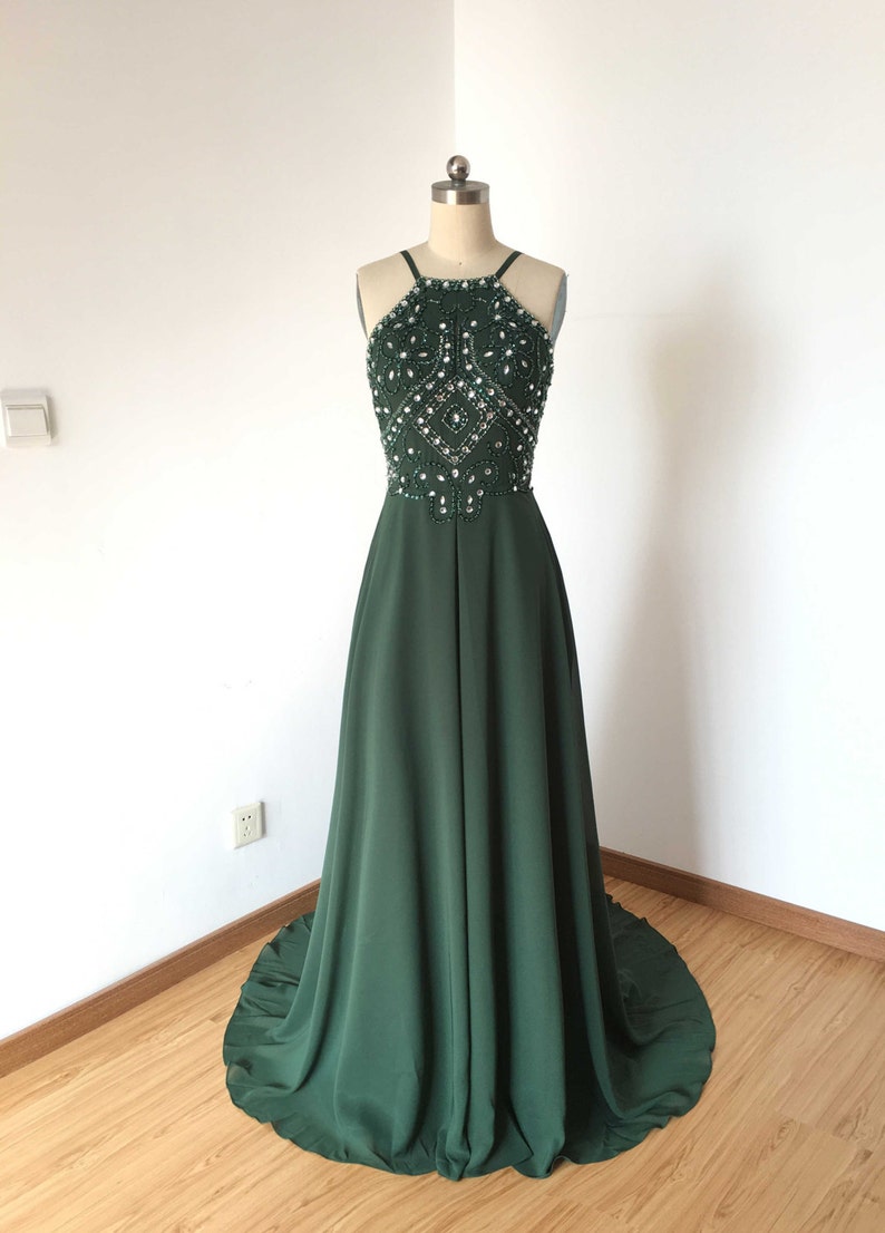 Cicinia Dark Green Prom Dresses Long Spaghetti Straps Backless Sheath Slit Gowns