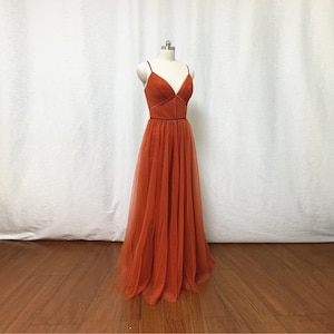 Burnt Orange Tulle Bridesmaid Dress 2021 Spaghetti Straps Boho image 5
