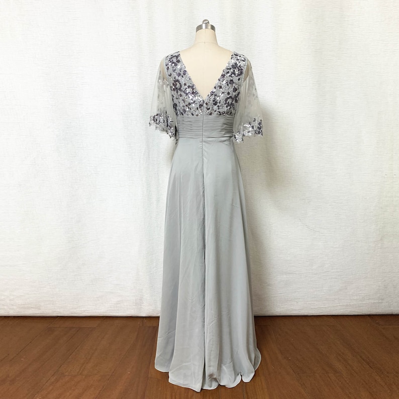 Light Grey Sequin Chiffon Mother of the Bride Dress with Sleeves image 2