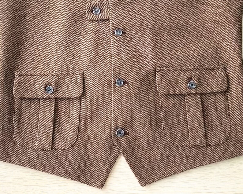 Wedding Vest for Groomsmen Brown Herringbone Waistcoat with 2 Pockets image 3