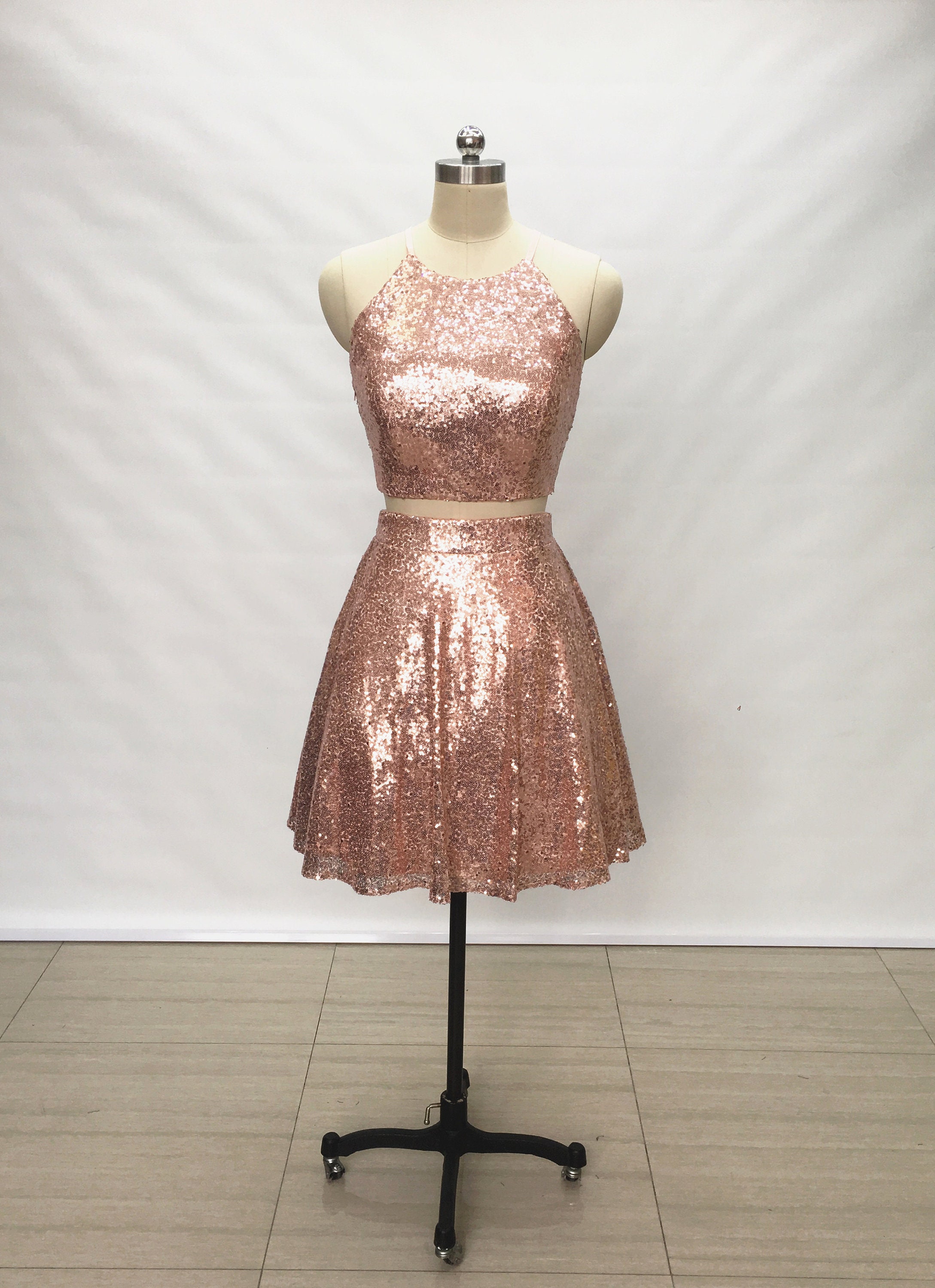 Two Piece Rose Gold Sequin Short Homecoming Dress - Etsy