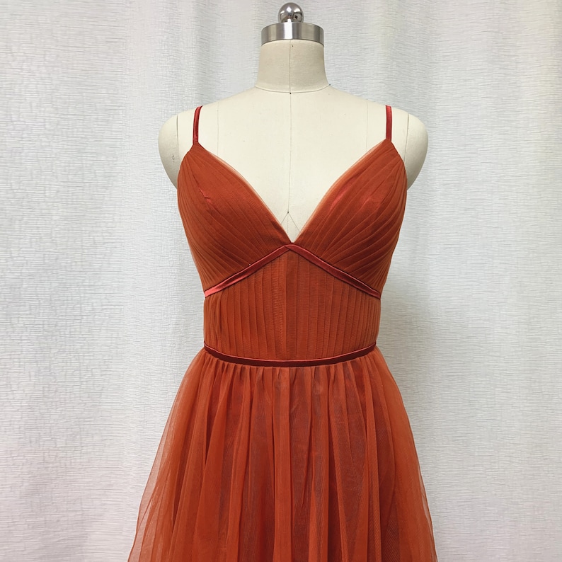 Burnt Orange Tulle Bridesmaid Dress 2021 Spaghetti Straps Boho imagem 3