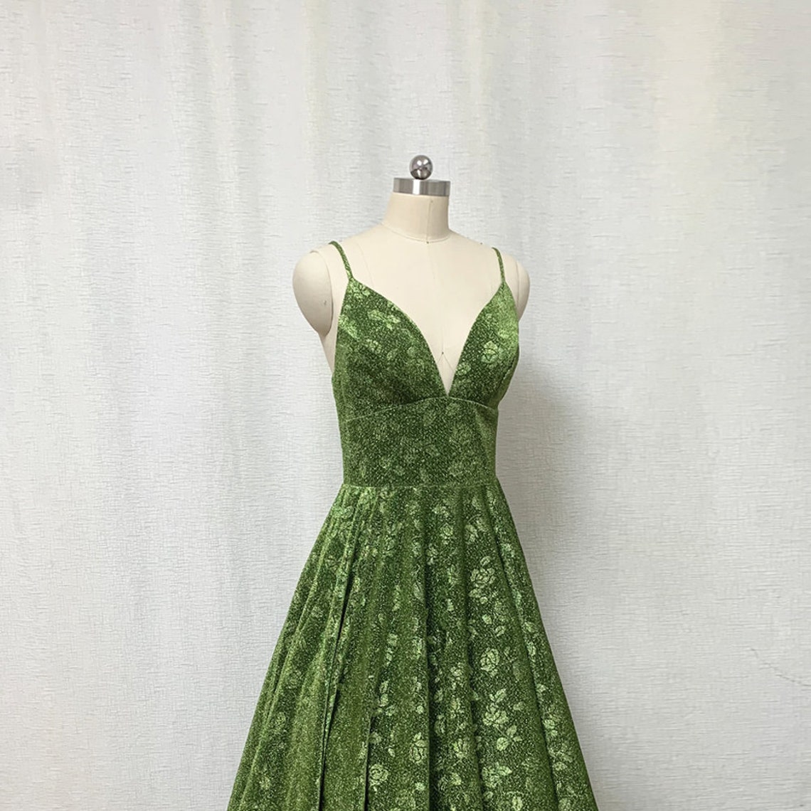 Moss Green Floral Prom Dress 2022 Ball Gown Spaghetti Straps Etsy