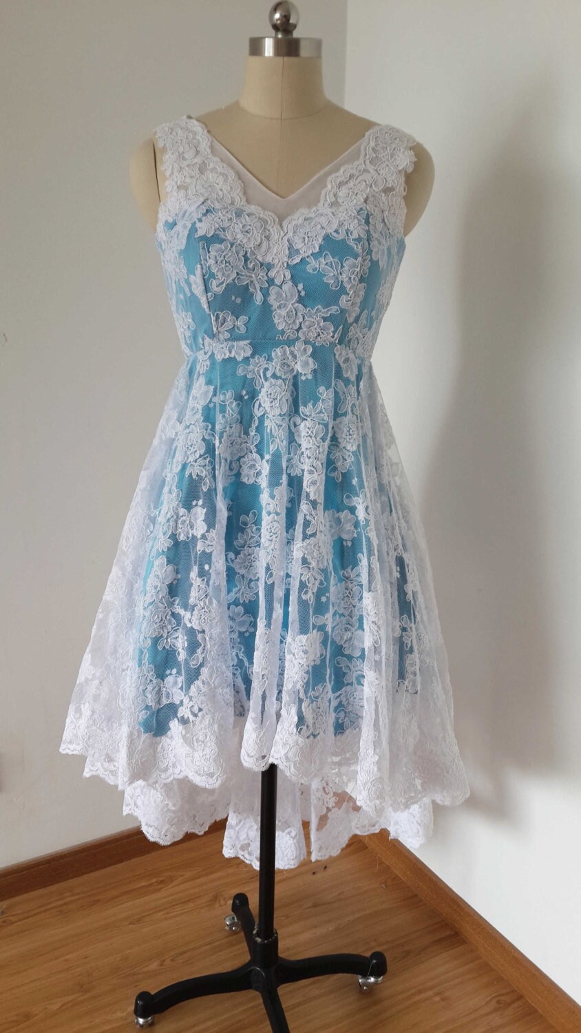 V-neck V-back White Lace Teal Blue 