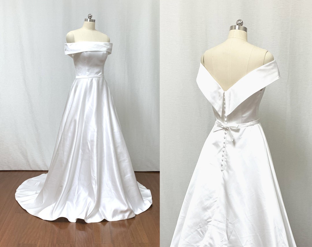 Off the Shoulder Ivory Satin Long Wedding Dress With Train - Etsy