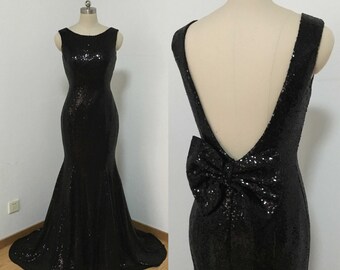 Mermaid Backless Black Sequin Long Prom Dress with Sequin Bow