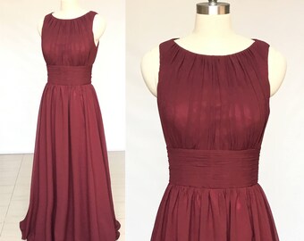 Scoop Burgundy Chiffon Long Bridesmaid Dress