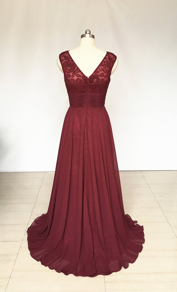 Scoop Burgundy Lace Chiffon Long Bridesmaid Dress Etsy Canada