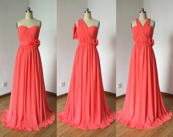 Convertible Coral Chiffon Long Bridesmaid Dress