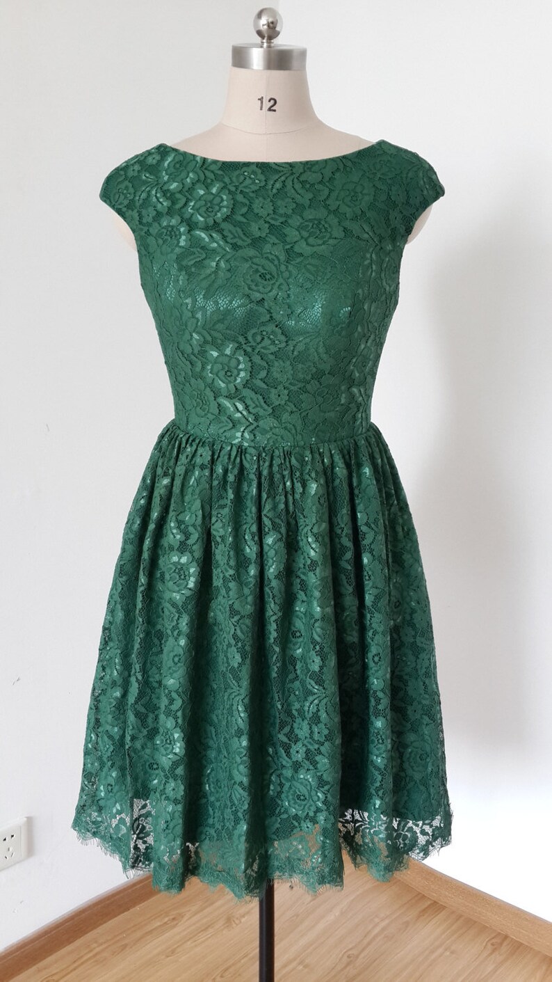 dark green short bridesmaid dresses Cap Sleeves Dark Green Lace Short Bridesmaid Dress With Back Buttons