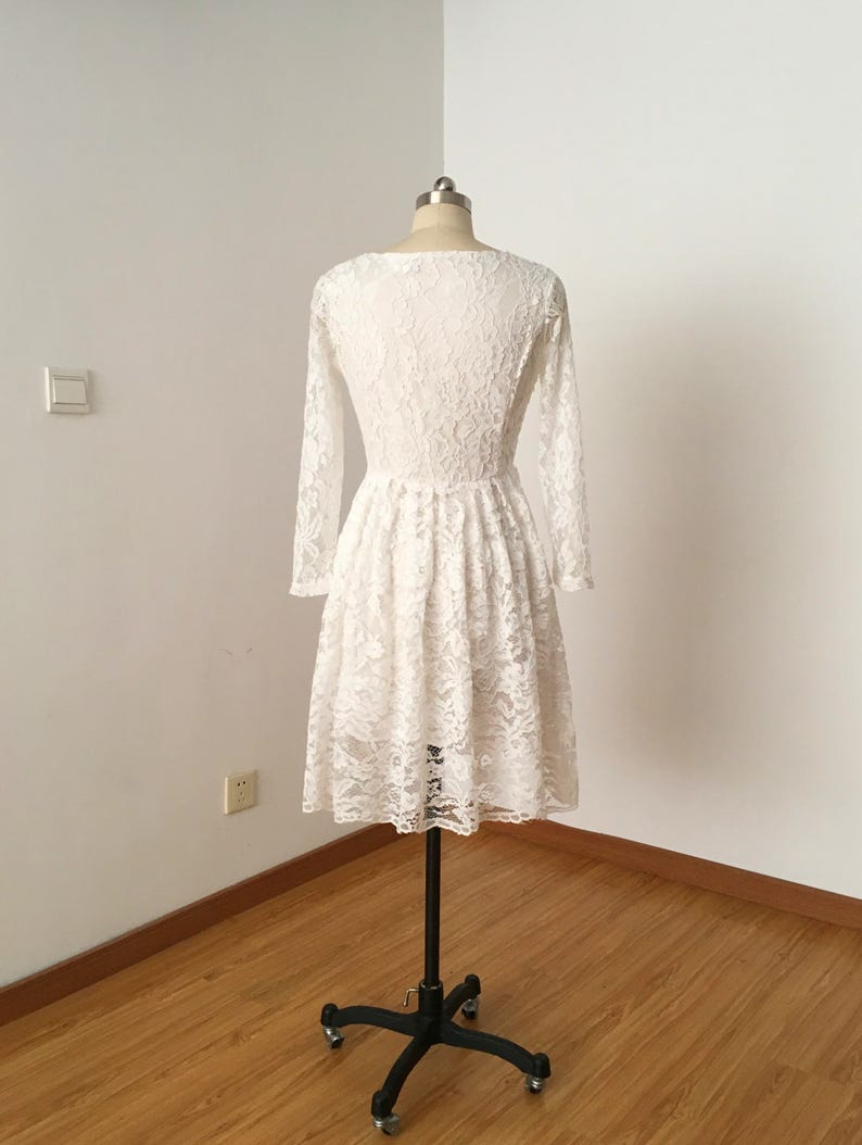 Scoop Ivory Lace Short Wedding Reception Dress with Long Sleeves image 2