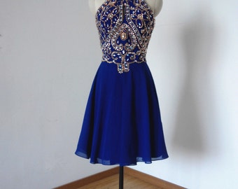 Backless Spaghetti Straps Royal Blue Chiffon Short Homecoming Dress, Prom Dress, Graduation Dress